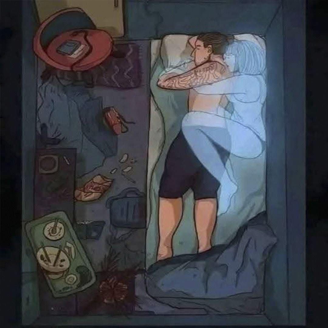 Hombre durmiendo en una cama con una figura etérea